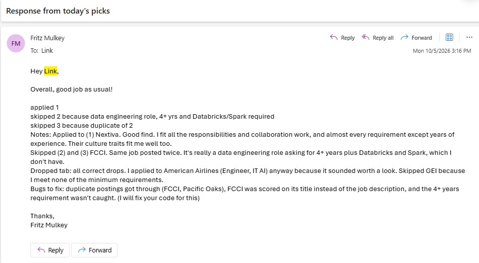 Fritz's feedback email to Link