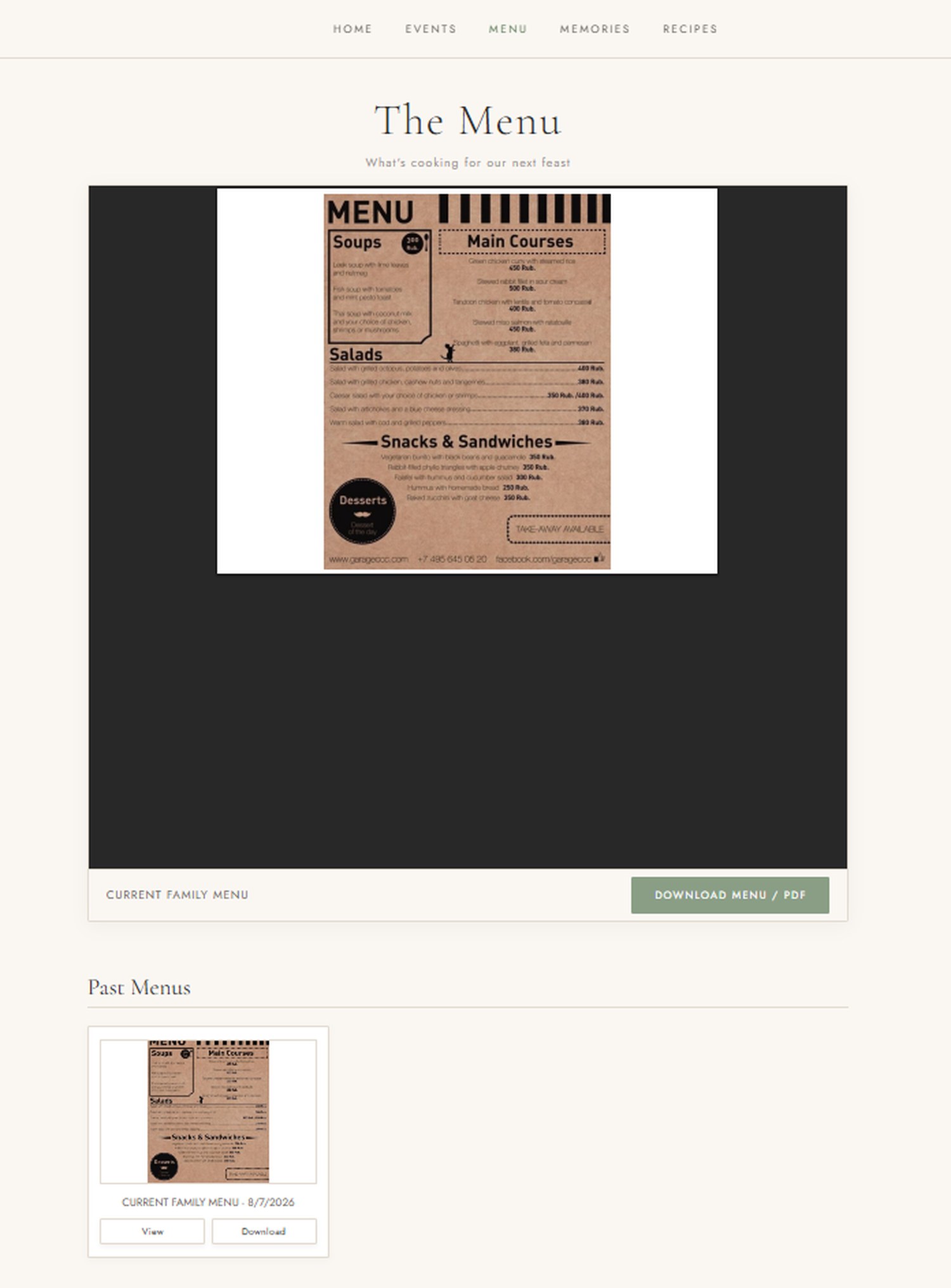 The Mulkey Table menu page