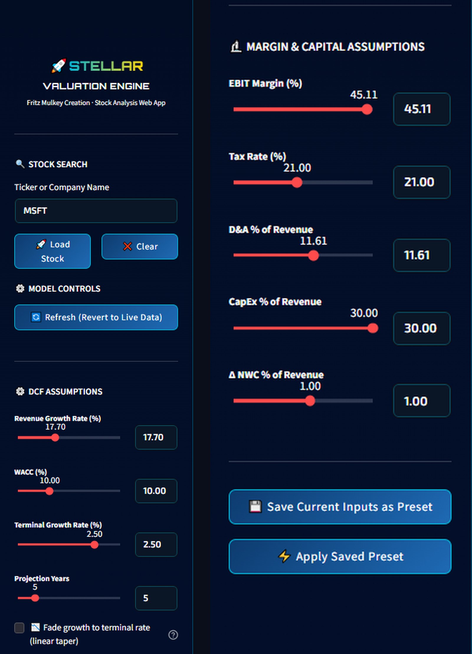 Stellar Valuation inputs and controls panel